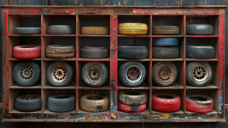 Tightly stacked tires displayed on a well organized tire rack for efficient storageの素材