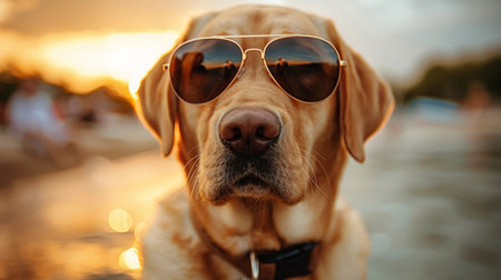 Dog with sunglasses on the beachの素材