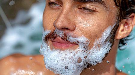 A man is getting a professional haircut and beard shave at the barber salon, barber shop.の素材