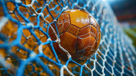 Soccer ball ensnared in the intricate webbing of a goal net, creating a captivating sports imageの素材