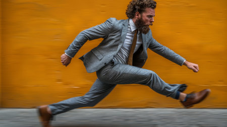 In a corporate marathon championship, stylish runners in formal suits compete fiercely for victory.の素材