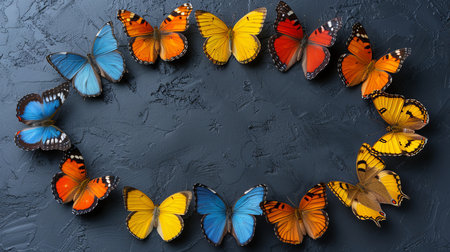 Colorful butterflies fluttering around a vintage vinyl record, a nostalgic and vibrant sceneの素材