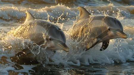 Sunset spectacle dolphins leaping from the water captured in a stunning painted artworkの素材