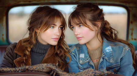 Side view of a young lesbian couple in trendy outfits with colorful tattoos sitting and kissing in a car. Bright colors.の素材