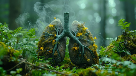 Healthy lungs filled with lush greens, moss, and flowers, set against a forest greenery background for World Asthma Day.の素材
