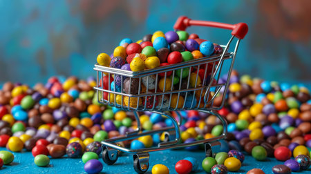 Miniature shopping trolley cart with assorted multicolored sweets placed near fallen sweets on a blue background.の素材