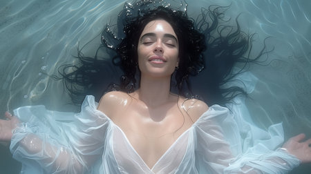 A female astronaut is floating inside a spaceship, a happy woman in zero gravity in a spacecraft or space station. The concept pertains to people, interior, weightlessness, and science.の素材