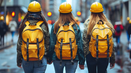 Construction worker securely harnessed for safety measures at the construction siteの素材