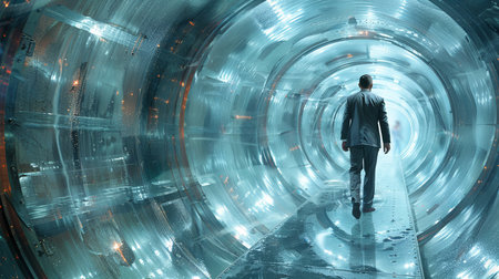 Symbolic businessman in rat race running in a hamster wheel, metaphor for relentless success pursuitの素材