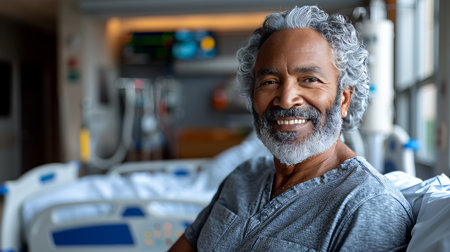 A middle-aged African man lies in a hospital ward, connected to life support equipment and monitors.の素材