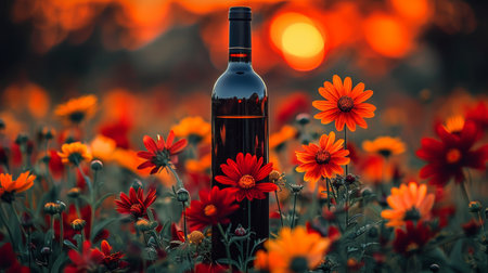 Rose wine bottle surrounded by beautiful blooming flowers for an elegant displayの素材