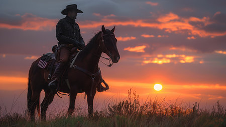 Cowboy silhouette riding horse with american flag at grand canyon sunset sceneryの素材
