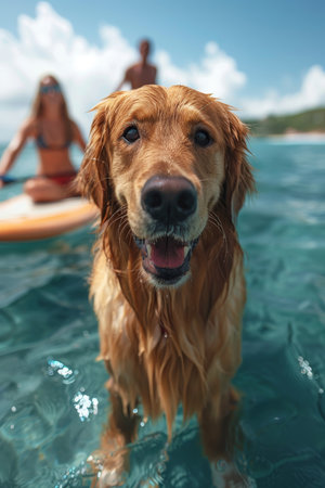 Happy woman paddleboarding with a dog in blue waters, enjoying a summer sea adventureの素材