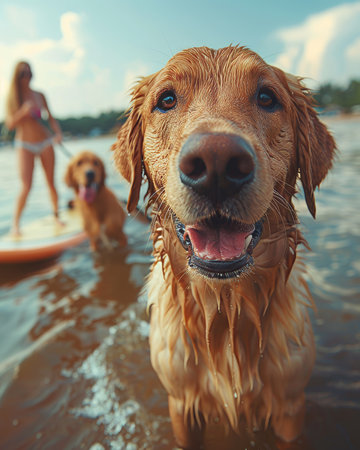 Woman and dog paddle boarding in blue waters, enjoying a summer adventure together in the seaの素材