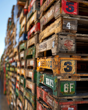 Wooden pallet boxes unloading and loading at warehouse using forklifts and trucksの素材