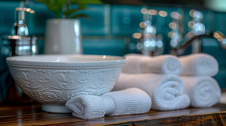 White glossy hotel bathroom interior design advertisement shot with window viewの素材