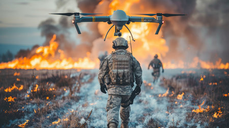 Soldier fleeing in intense action as drone releases grenade in dramatic and dangerous sceneの素材