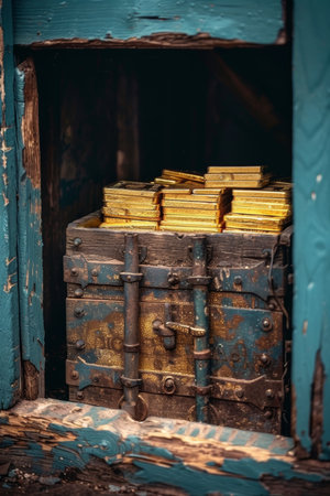 Bank vault high security with armored door, gold bars, and compartments for precious gemstonesの素材