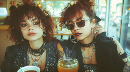 Two women happily sharing a meal with a fictional character in a charming and delightful sceneの素材