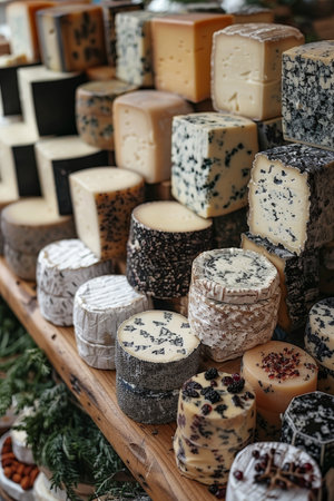 Assorted organic cheese displayed on wooden table in market with natural backgroundの素材