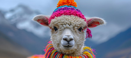 Yak donning vibrant hat in mountainous landscape under cloudy sky with distant snow capped peaksの素材