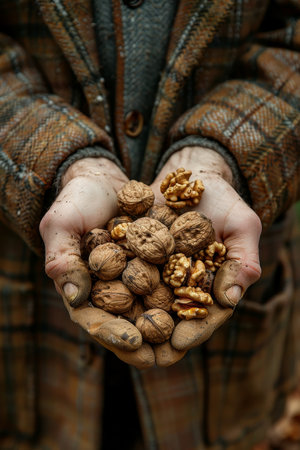 Harvesting walnuts farmer s hands collecting ripe nuts in orchard for organic agricultureの素材