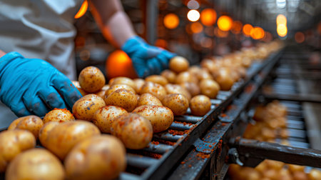 Harvested potatoes on conveyor belt at sunset with agricultural tractor in golden hour glowの素材