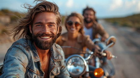 Fashionable bikers in sleek leather jackets having fun outdoors at a picturesque venueの素材