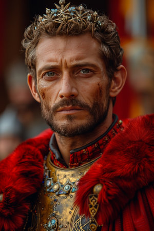 Medieval knight in armor stands ready for battle in front of a grand and imposing castleの素材