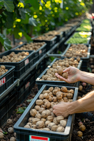 Harvesting walnuts farmer s hands collecting ripe nuts, organic agriculture conceptの素材