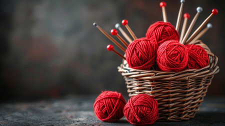 Overflowing basket filled with colorful yarn skeins and assorted knitting needlesの素材