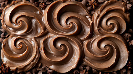 Decadent melted chocolate swirl texture on a rich chocolate background for culinary delightの素材