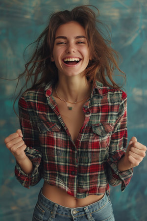 Joyful woman leaping in mid air against a vibrant blue backdrop, capturing pure excitementの素材