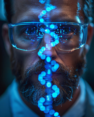 Scientist in protective gear analyzing samples under microscope with dna helix for genetic researchの素材