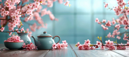 Elegant teapot and tea cup surrounded by cherry blossoms on a soft blue backdrop with spaceの素材