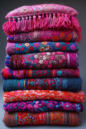 Impressive vertical display of neatly folded clothing against a crisp white backgroundの素材