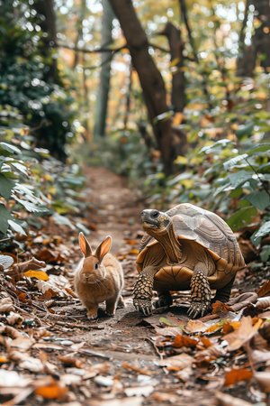 A swift turtle transporting a rabbit on its shell, defying expectations of speed and agilityの素材