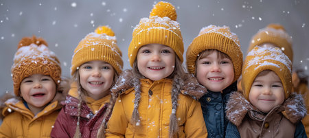 Joyful children playing in winter wonderland snowy fun and space for personal messagesの素材