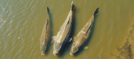 Vibrant koia carps swimming gracefully in clear water from a bird s eye perspectiveの素材