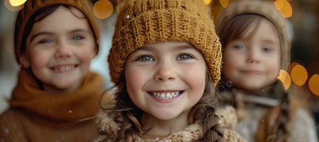Joyful children playing in winter wonderland with snow, perfect for text or inscriptionsの素材