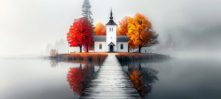 Stunning white church reflected on a foggy lake surrounded by autumn forests and mountainsの素材