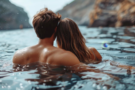 Couple enjoying a relaxing beach vacation next to an elegant and luxurious swimming pool oasisの素材