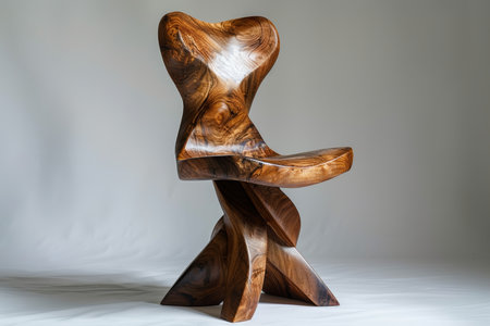 Artistic wooden chair with twisted frame and bold curves on a soft white backgroundの素材