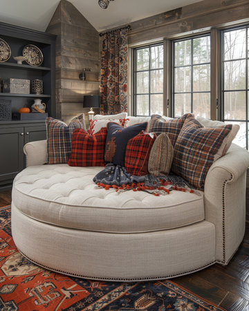 Charming nook featuring round snuggle chair, soft pillows, and abstract art in French country styleの素材