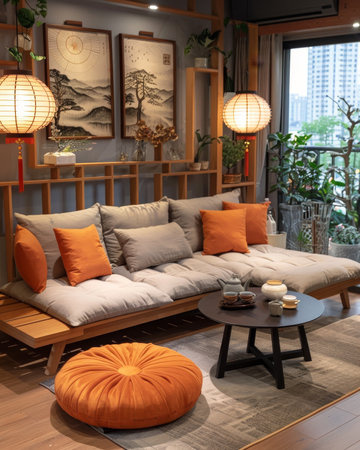 Chic japandi inspired modern living room featuring gray sofa and bold abstract artの素材