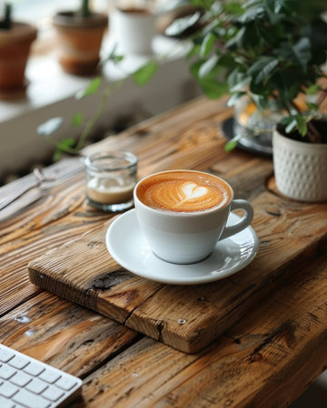 Wooden office desk flat lay with keyboard, latte coffee, and supplies on white backgroundの素材