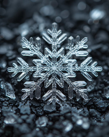 Intricate snowflake design on deep background, highlighting the beauty of glass texturesの素材