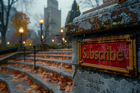 Vibrant red subscribe sign prominently displayed on a stylish gray wall for maximum visibilityの素材