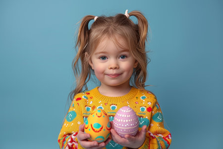 Joyful little girl holding colorful easter eggs against a bright blue backgroundの素材