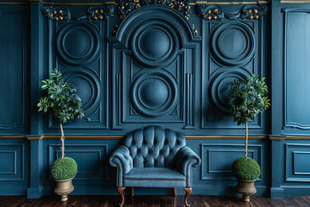 Sophisticated luxury living room design with dark walls, sleek chair, and elegant wooden consoleの素材